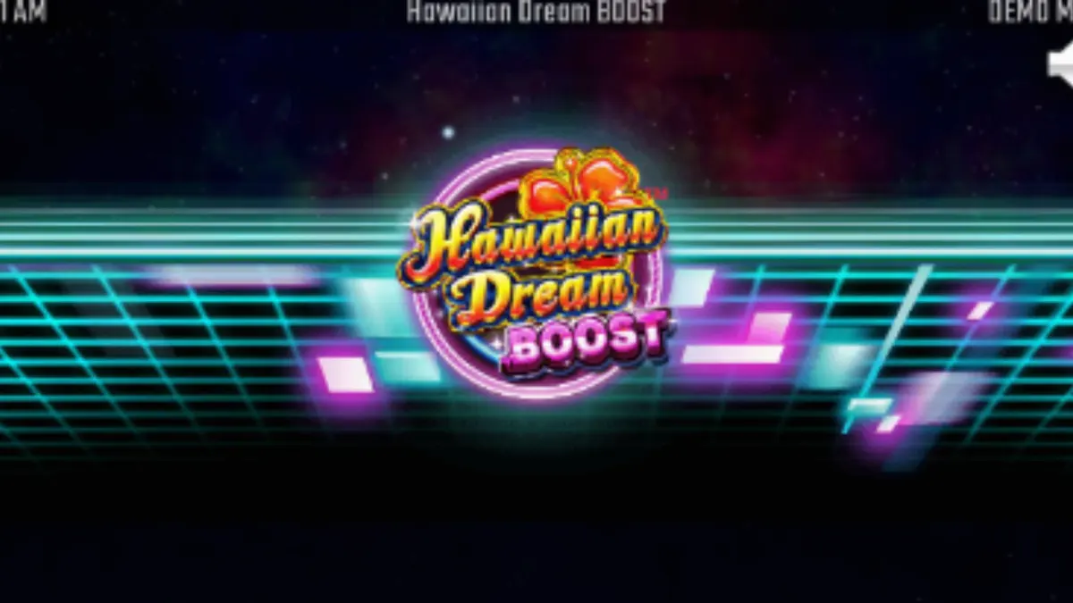 Tampilan layar permainan slot Hawaiian Dream Boost dengan equalizer digital yang bersemangat dan bunga kembang sepatu neon.