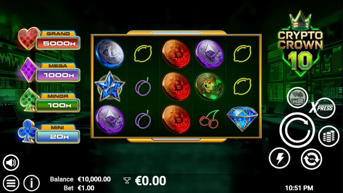 Tampilan visual futuristik mesin slot Crypto Crown 10 dengan simbol buah neon dan aset kripto.