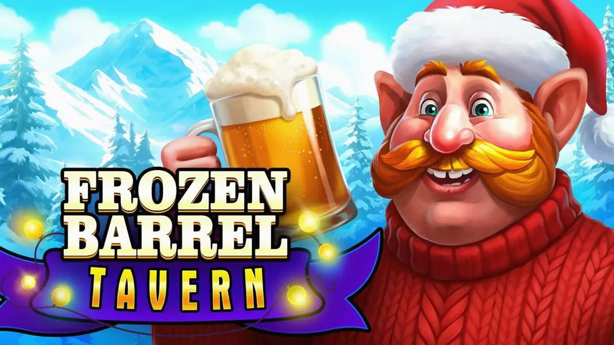 Suasana kedai musim dingin dalam slot Frozen Barrel Tavern