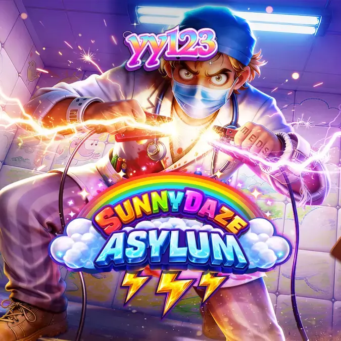 Tampilan visual slot Sunnydaze Asylum dengan tema rumah sakit jiwa bergaya komik